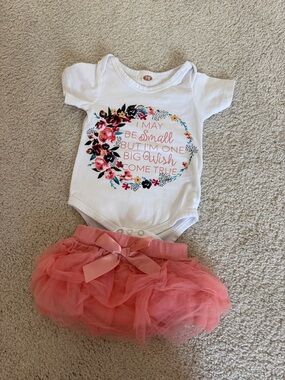White Floral Graphic Onesie with Coral Pink Tulle Skirt